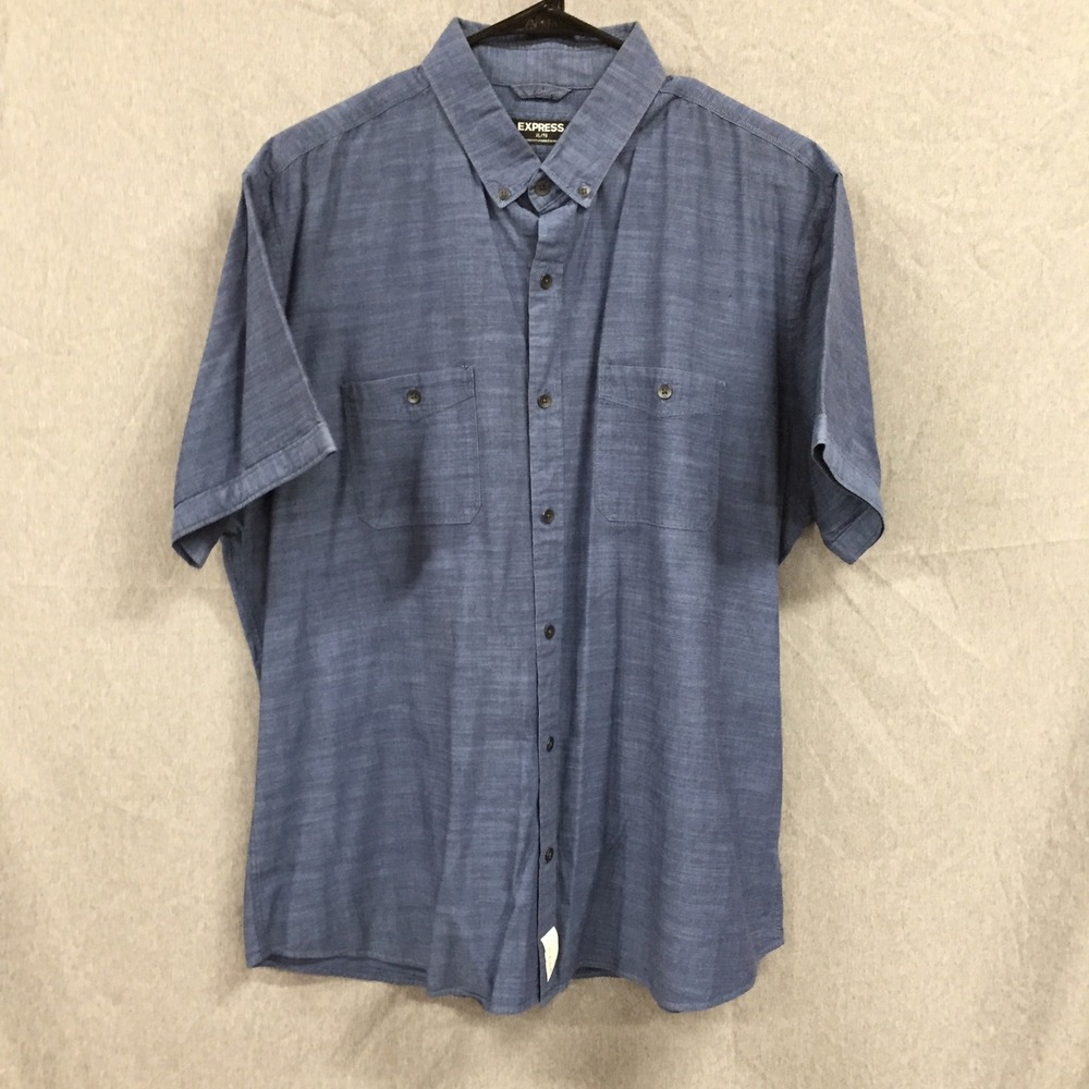Express Mens XL Blue Short Sleeve Button Down Shirt Cotton Dual Pocket Casual